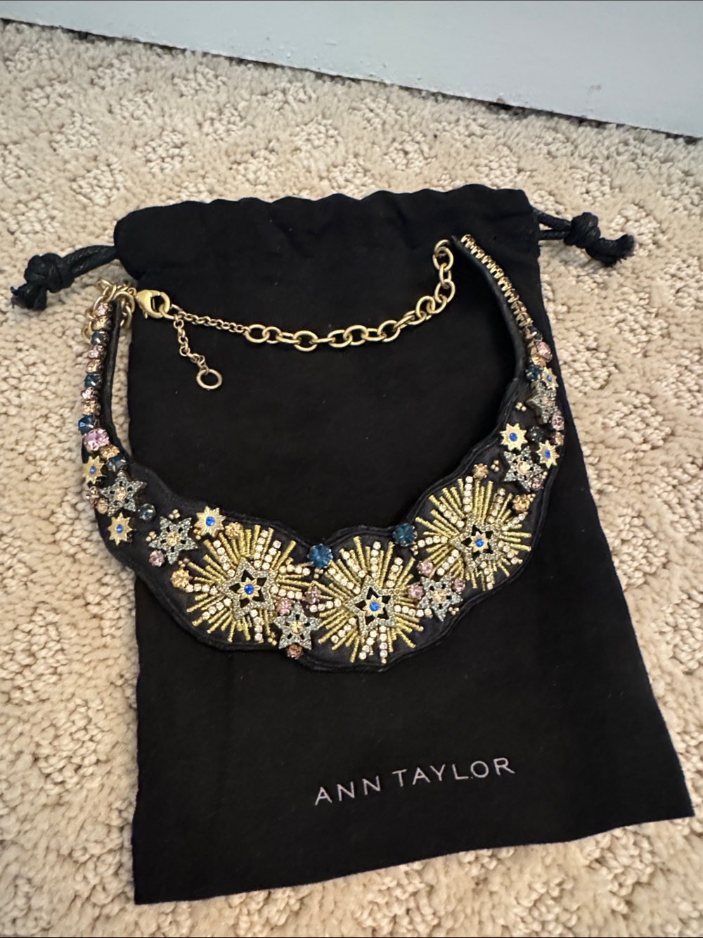 Ann Taylor Black Necklace with Gold Beadwork and Multicolor Crystals